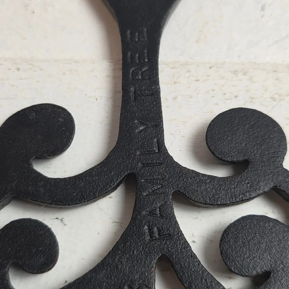 Vintage Cast Iron Trivets 'He Who Helps Shall Eat' Ceramic Tile‎ & Scroll Pair